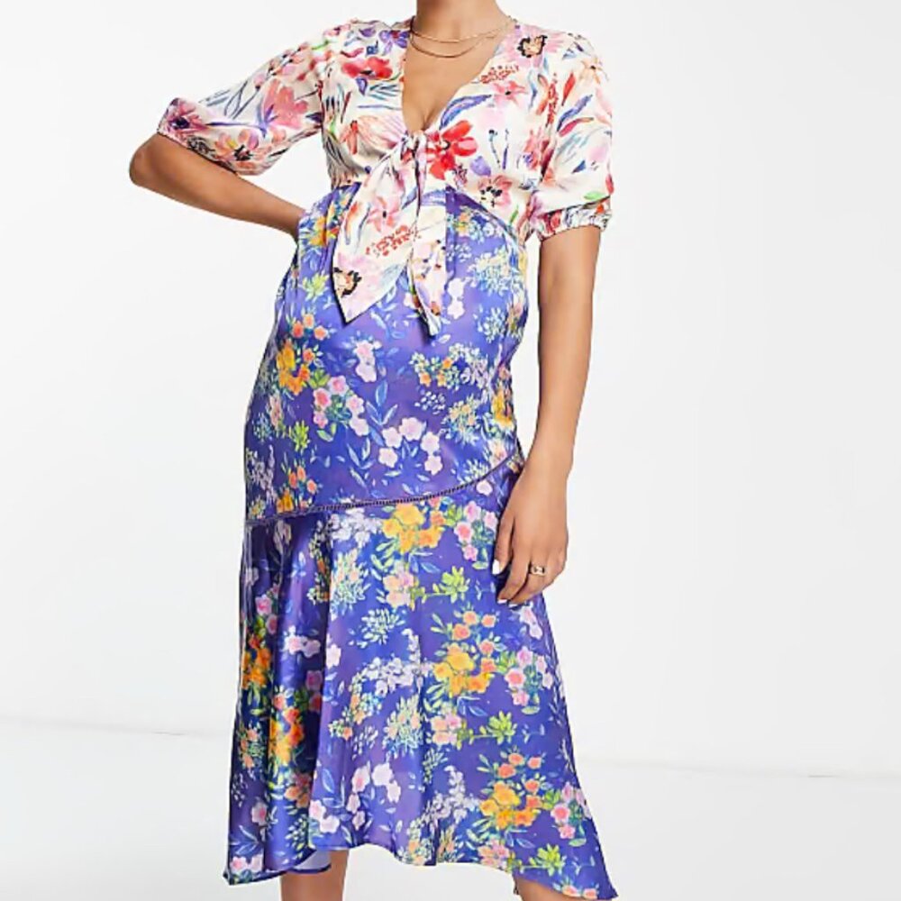 Hope & Ivy Maternity Tie Front Midi Tea Dress Satin Contrast Floral Size 14 NWOT